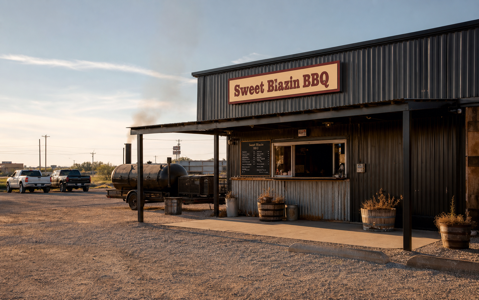 A modest West Texas barbecue storefront with a smoker and warm late-afternoon light